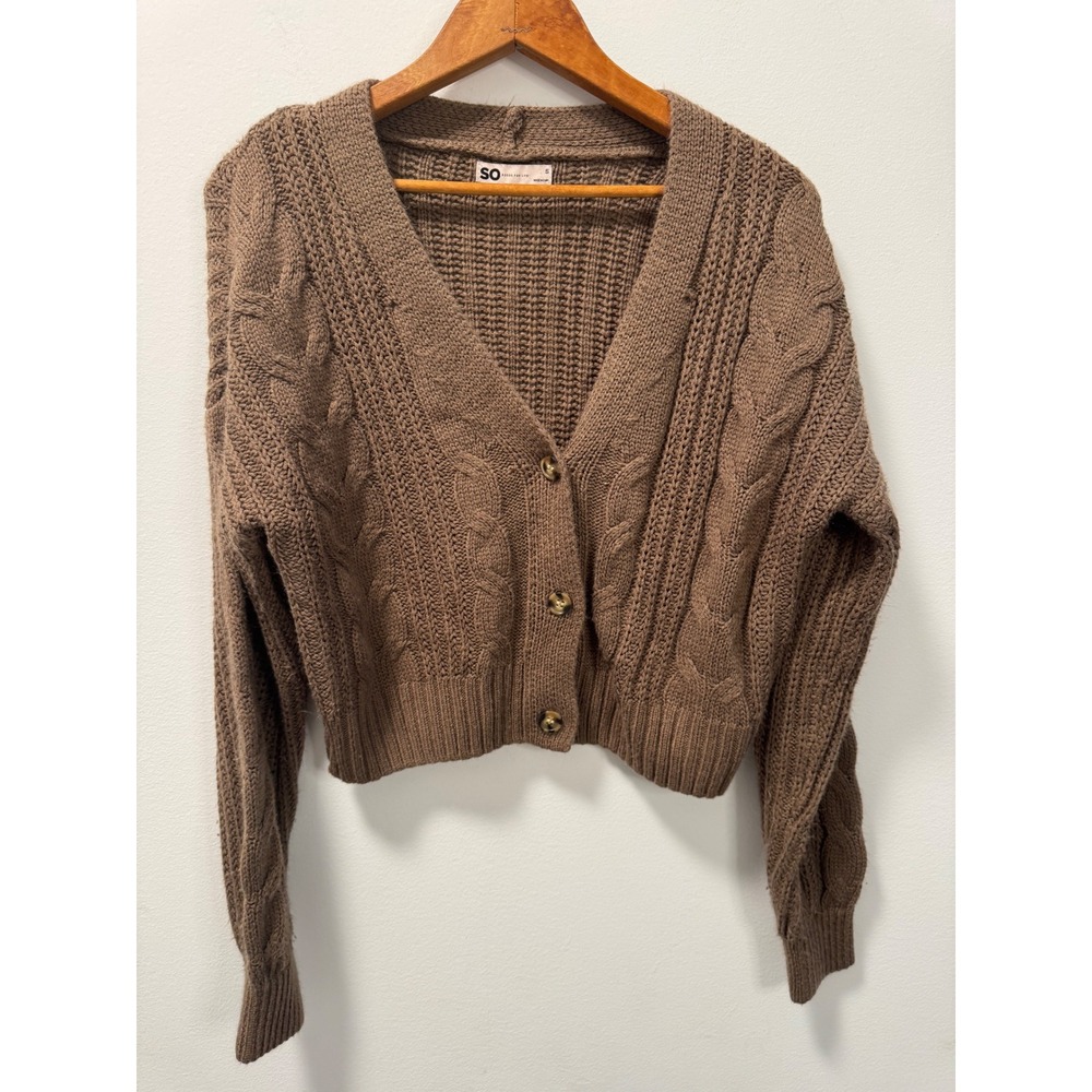 SO Goods For Life Brown Cable Knit Cropped Cardigan Sweater Womens Small